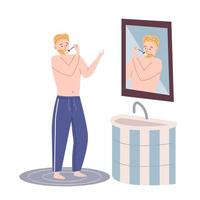 Young man standing in front of mirror and cleansing and shaves. vector