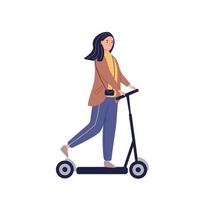 chica montando scooter eléctrico. las rutinas diarias y las actividades cotidianas de las mujeres jóvenes pasan tiempo caminando. vector