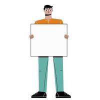 Young man standing and holding a blank white sign with place for text. Vector illustration