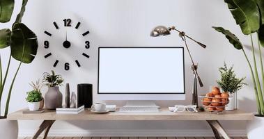 Mock up office table desk. blank computer screen in office modern room. 3d rendering photo