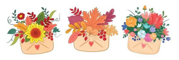 Vector illustration set autumn leaves, flowers  in papper letter and envelope on white isolated background