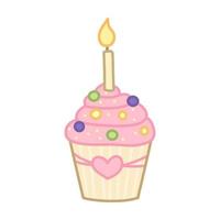 Cute cupcake with pink icing and candle. Cartoon style. Vector illustration isolated on white background.