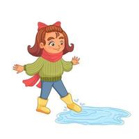 Pretty girl enters into a puddle. Kid in rubber yellow boots. Cute character with short hair. Autumn illustration in cartoon style. Vector art isolated on white background.