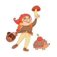 Cute girl picking mushrooms. Character holding big mushroom in arm. Hedgehog with an apple on back. Cozy autumn illustration in cartoon style. Vector art isolated on white background.