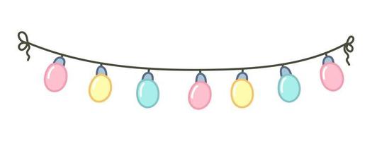 Multicolored garland light bulbs. Cartoon style. Hand drawn vector illustration isolated on white background.