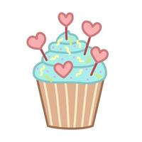 Cupcake with blue icing and hearts. Cartoon style. Vector illustration isolated on white background.