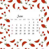 2023 Calendar for June. Vector illustration of month calendar on seamless pattern with cherries, watermelons, strawberries in cartoon flat style. Colorful backgroud with month grid.