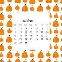 2023 Calendar for October. Vector illustration of month calendar on seamless pattern with cute pumpkins in cartoon flat style. Colorful backgroud with month grid.