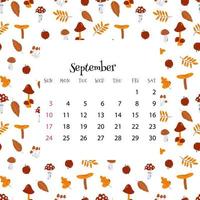 2023 Calendar for September. Vector illustration of month calendar on seamless pattern with autumn leaves and mushrooms in cartoon flat style. Colorful backgroud with month grid.