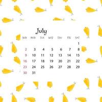 2023 Calendar for July. Vector illustration of month calendar on seamless pattern with pears in cartoon flat style. Colorful backgroud with month grid.