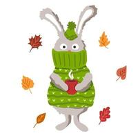 un conejo en un suéter sostiene té caliente. ilustración infantil vector