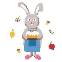 el conejo sostiene un delicioso pastel. ilustración infantil vector