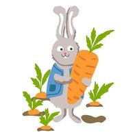 The rabbit is holding a large carrot. Rabbit gardener. Children's illustration vector