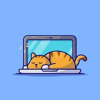 lindo gato durmiendo en la ilustración del icono del vector de dibujos animados de la computadora portátil. concepto de icono de tecnología animal vector premium aislado. estilo de dibujos animados plana