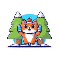 lindo gato en la ilustración de icono de vector de dibujos animados de invierno de nieve. concepto de icono de naturaleza animal vector premium aislado. estilo de dibujos animados plana