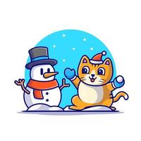 Cute Cat With Snowman Cartoon Vector Icon Illustration.  Animal Nature Icon Concept Isolated Premium Vector. Flat  Cartoon Style