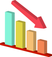 3d icon of decreasing or declining bar chart graph with red arrow going down front left view png