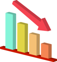 Icône 3d d'un graphique à barres décroissant ou décroissant avec une flèche rouge descendant vers l'avant gauche png
