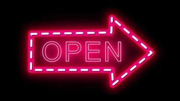 We are Open Neon Sign Background, Glowing neon arrows with the open sign on black background. neon sign open, Neon open sign with arrows on black background, Night Club Bar Blinking Neon Sign. video