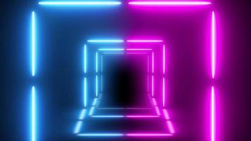Fliegen vorwärts durch Korridor, Tunnel, durch leuchtende Neonquadrate, die einen Tunnel schaffen, Neonlichttunnel, Endlosschleife, schwarzer Hintergrund, Neontunnel video