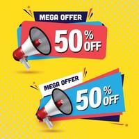 Mega offer discount board announcing megaphone vector