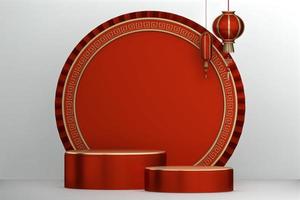 Red Podium for product display minimal geometric design.3D rendering photo