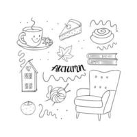 A cozy fall set of items for the home. Vector black and white illustration of a chair, lamps, knitting, tea, sweets and books drawn in doodle style