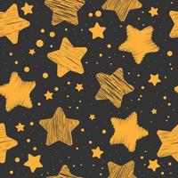 Vector seamless pattern with hand drawn golden stars and dots on dark background