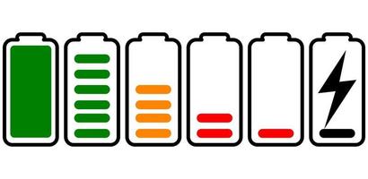 A set of icons of the information state of the battery. A set of indicators of the level of charge of the battery. Information icons for charging the phone's battery. Vector illustration