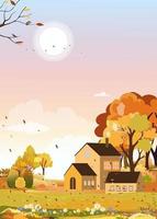 paisaje otoñal de campo agrícola con cielo anaranjado, país de las maravillas de mediados de otoño en el campo con cielo nublado y sol, montaña, pasto en follaje anaranjado, pancarta vectorial para la temporada de otoño o fondo otoñal vector