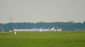 AMSTERDAM, THE NETHERLANDS JULY 25, 2017 - Flybe Bombardier Q400 Dash 8 G ECOT taking off from runway 36L Polderbaan. Shiphol Airport, Amsterdam, Holland video