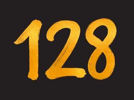 Ilustración de vector de logotipo de 128 números, plantilla de vector de celebración de aniversario de 128 años, cumpleaños número 128, números de letras doradas dibujo de pincel boceto dibujado a mano, diseño de logotipo de número para impresión, camiseta
