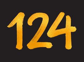 Ilustración de vector de logotipo de 124 números, plantilla de vector de celebración de aniversario de 124 años, cumpleaños 124, números de letras doradas dibujo de pincel boceto dibujado a mano, diseño de logotipo de número para impresión, camiseta