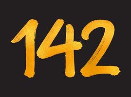 Ilustración de vector de logotipo de 142 números, plantilla de vector de celebración de aniversario de 142 años, cumpleaños 142, números de letras doradas dibujo de pincel boceto dibujado a mano, diseño de logotipo de número para impresión, camiseta