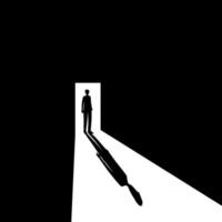 black and white paint a man stand in front of the door into the dark room represents vector