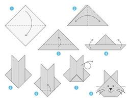 Rabbit origami scheme tutorial moving model. Origami for kids. Step by step how to make a cute origami rabbit. Vector illustration.