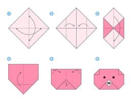 Pig origami scheme tutorial moving model. Origami for kids. Step by step how to make a cute origami pig. Vector illustration.