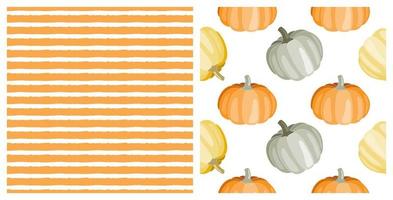 conjunto de dos patrones impecables con lindas calabazas de otoño dibujadas a mano y rayas naranjas, sobre fondo blanco aislado para acción de gracias, halloween, celebración de la cosecha, textiles, papel de pared, álbumes de recortes vector