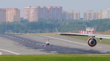 MOSCOW, RUSSIAN FEDERATION SEPTEMBER 12, 2020 - Rossiya Boeing 747 EI XLF lining up on the runway before departure behind Pilatus PC 12 turboprop aircraft running for take off video