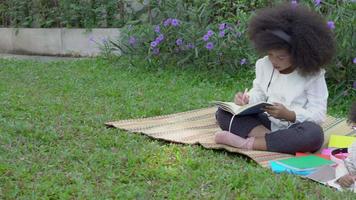 gelukkig Afrikaanse familie met kinderen aan het liegen lezing of schrijven naar boek in de tuin, kinderen Gaan naar picknick, leerling studie en aan het doen huiswerk voor kennis in natuur, onderwijs in zomer concept. video