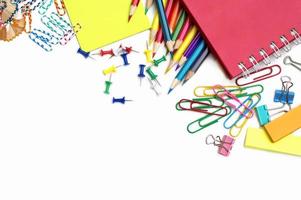 School and office supplies on white background photo