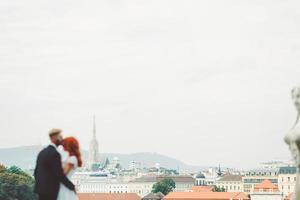 Wedding couple on a walk in the estate of the Belvedere in Vienna photo