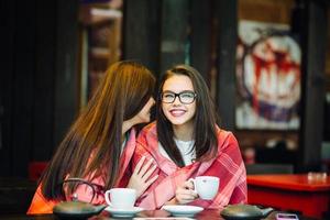 Two young and beautiful girls gossiping photo