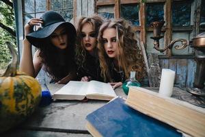 Three vintage witches perform magic ritual photo