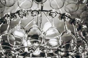 Beautiful chandelier made with glasses of wine photo