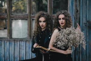 Two vintage witches gathered eve of Halloween photo