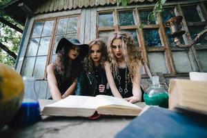 Three vintage witches perform magic ritual photo