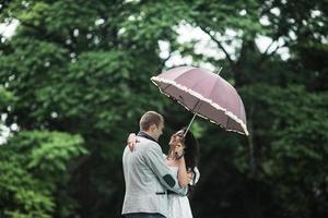 Young and beautiful European couple hiding from the rain under an umbrella photo