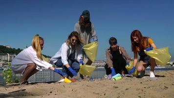 plage polluée nettoyée par un groupe de personnes video