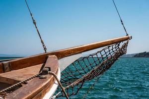 Photo of an old wooden boat, close view